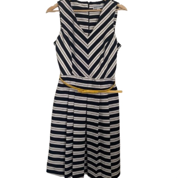 Shelby & Palmer Chevron Striped Midi Dress With Mustard Belt